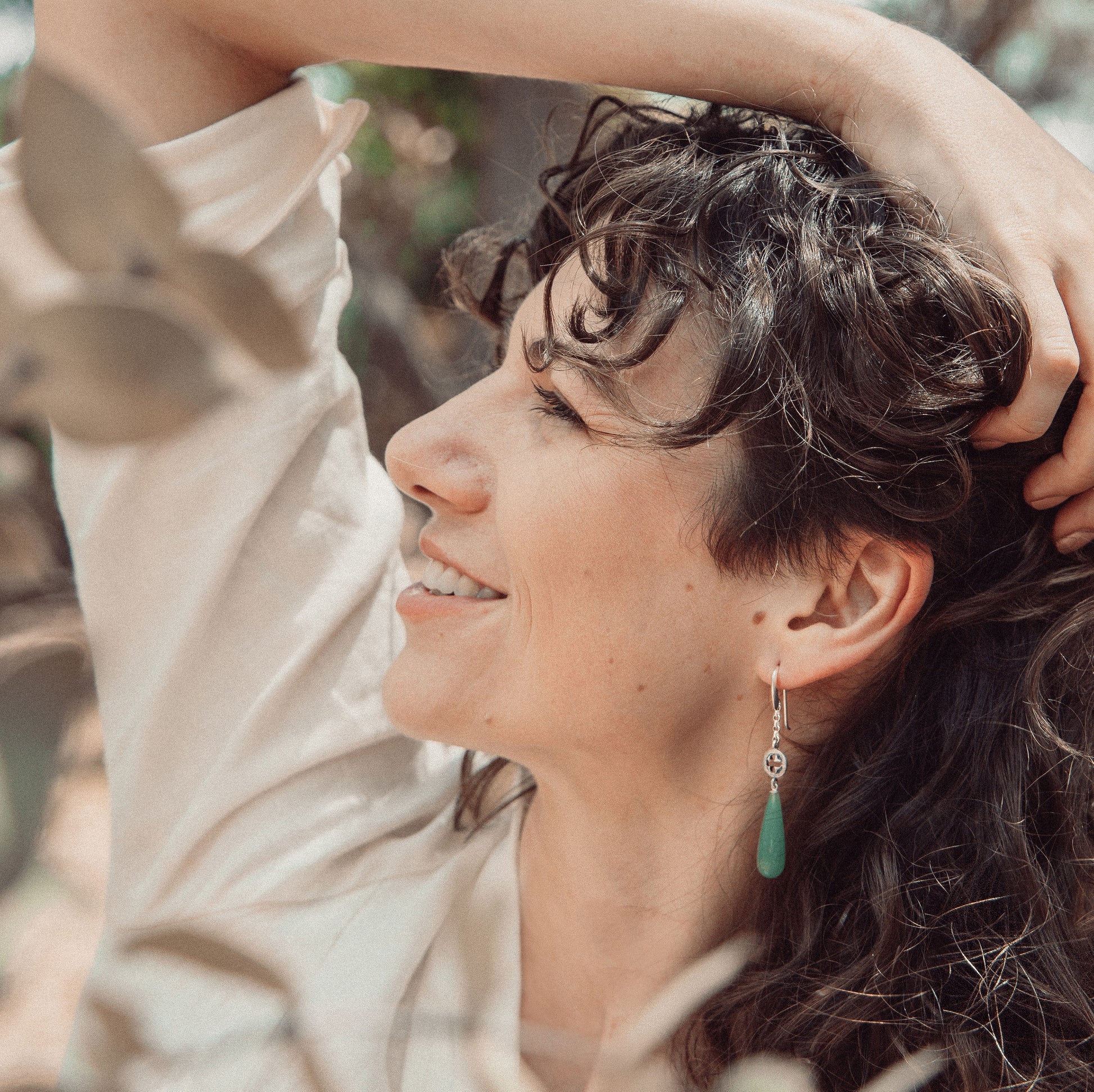 Eucalypt and Aventurine Earrings on model