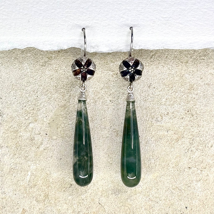 Moss Agate and Melaleuca Pod Earrings 