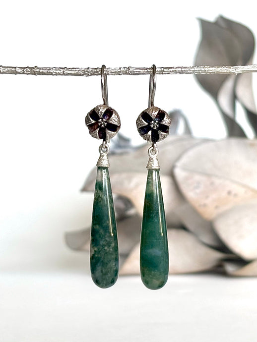 Moss Agate and Tea Tree Pod Drop Earrings 